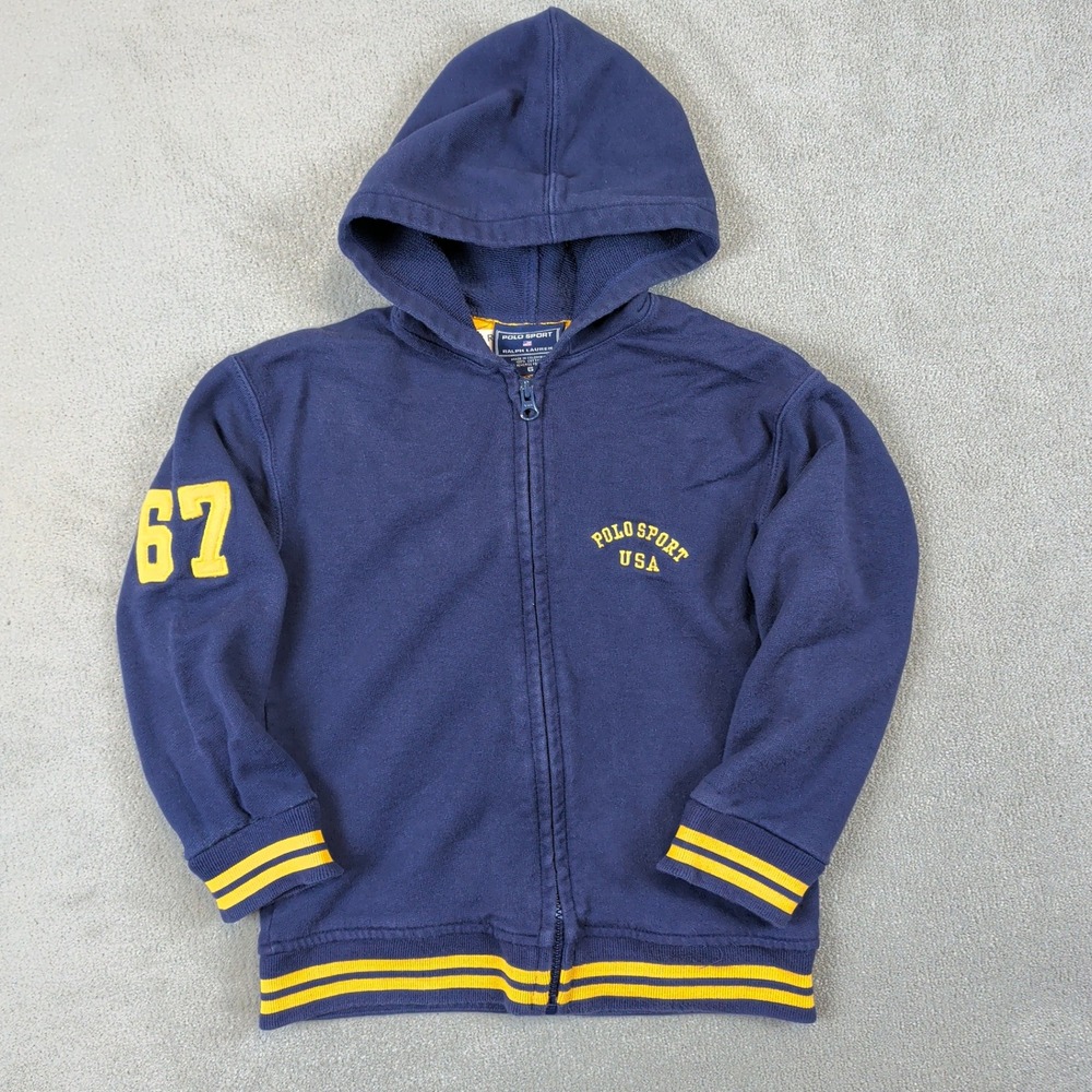 Polo Sport Ralph Lauren Hoodie Kids Size 6 Navy Blue Yellow Zip Up Varsity 67